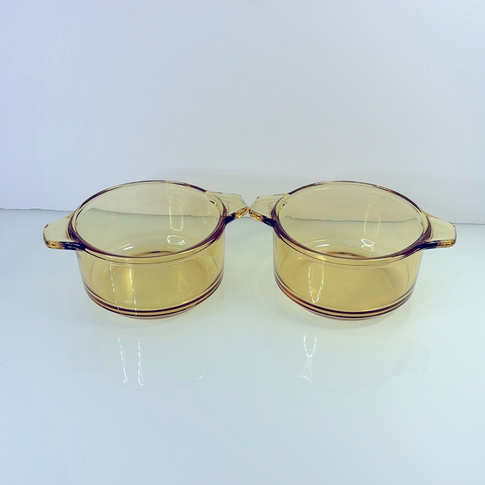 Vintage 1960’s Pyr-o-Rey Dynaware Amber Glass Casserole Dish Bowls 4.5” lot of 2